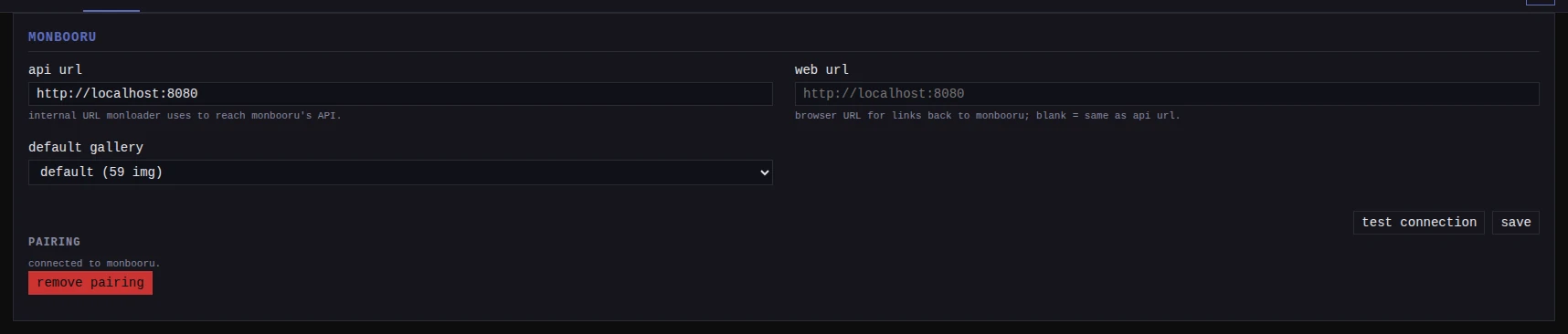 monloader&rsquo;s Settings -> monbooru section once paired