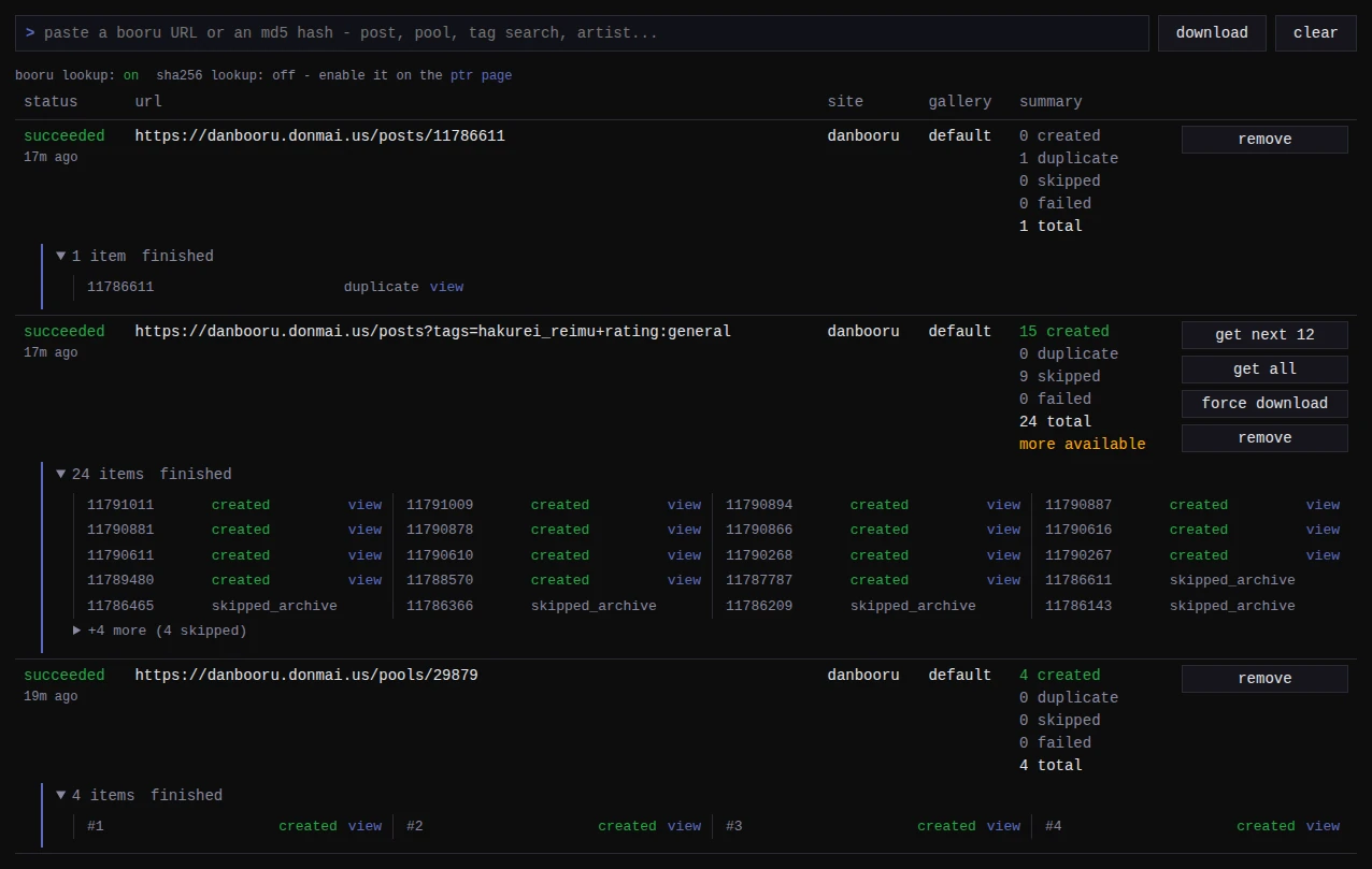 The queue with a re-submitted post, a capped tag search, and a pool