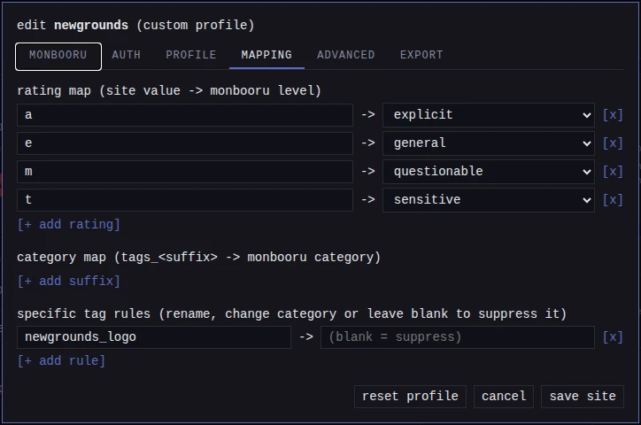 The mapping tab of a site&rsquo;s edit dialog