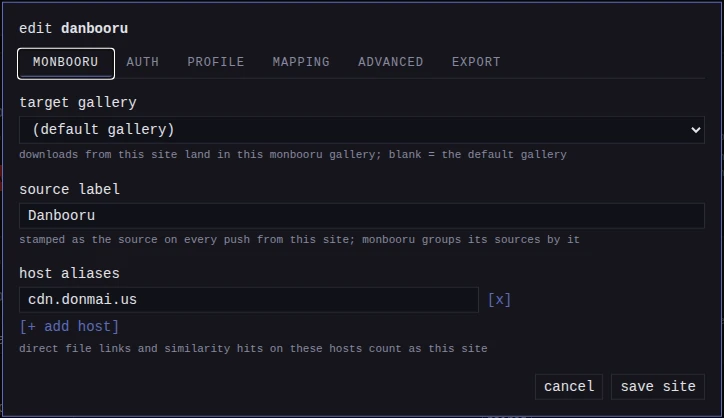 The source label and host aliases on a site&rsquo;s monbooru tab