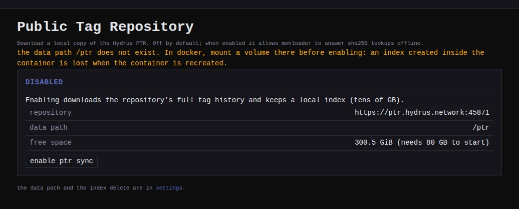 The PTR page before enabling