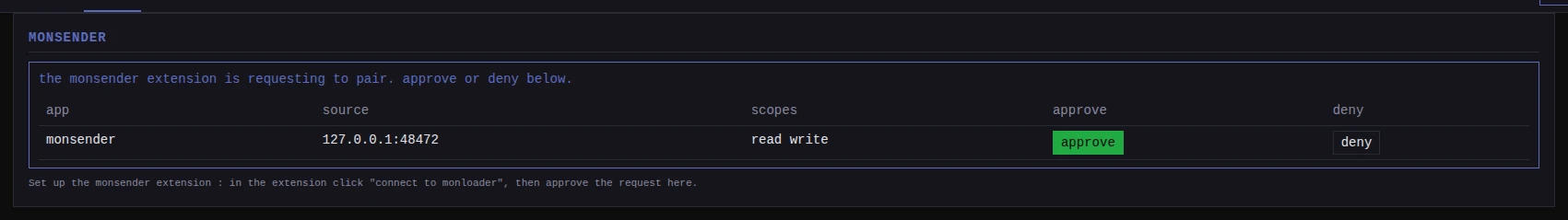 The pairing request waiting in monloader