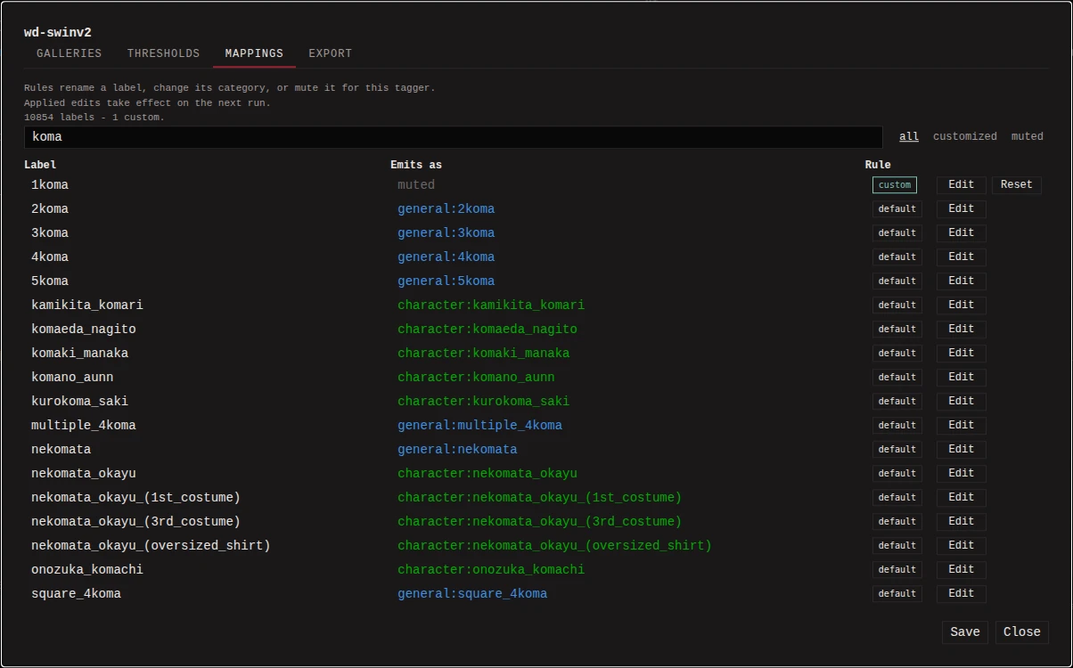 The mappings tab, with one label muted by a custom rule